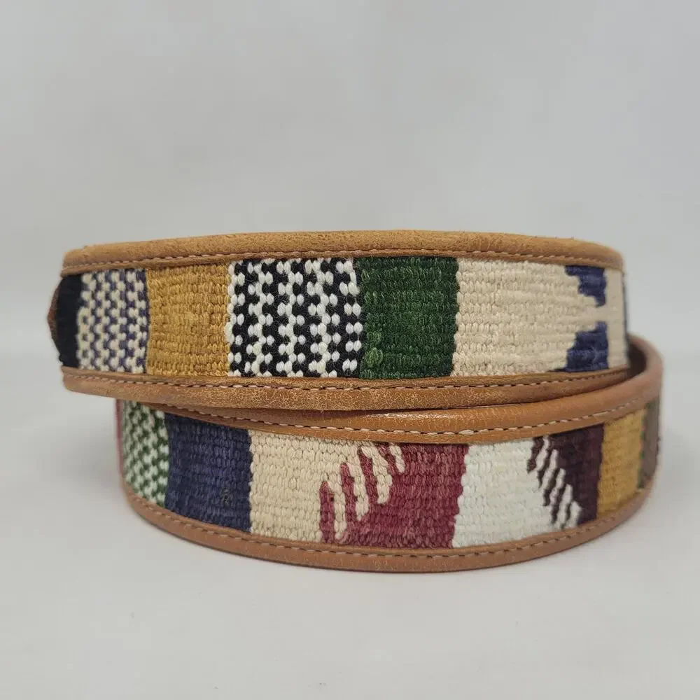 Brown Leather Belt 32 Colorful Woven Embroidered Southwestern Ethnic‎ Tribal